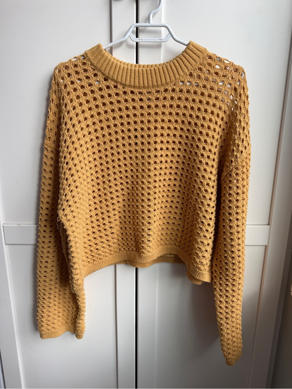 H&M Mustard Yellow Open Knit Cropped Crochet Sweater Size L Cottagecore Boho